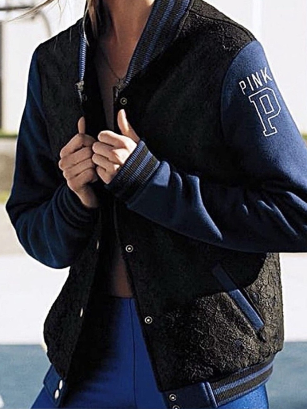 Pink Victoria’s Secret Varsity Jacket Coat Black Blue Floral Lace M Medium